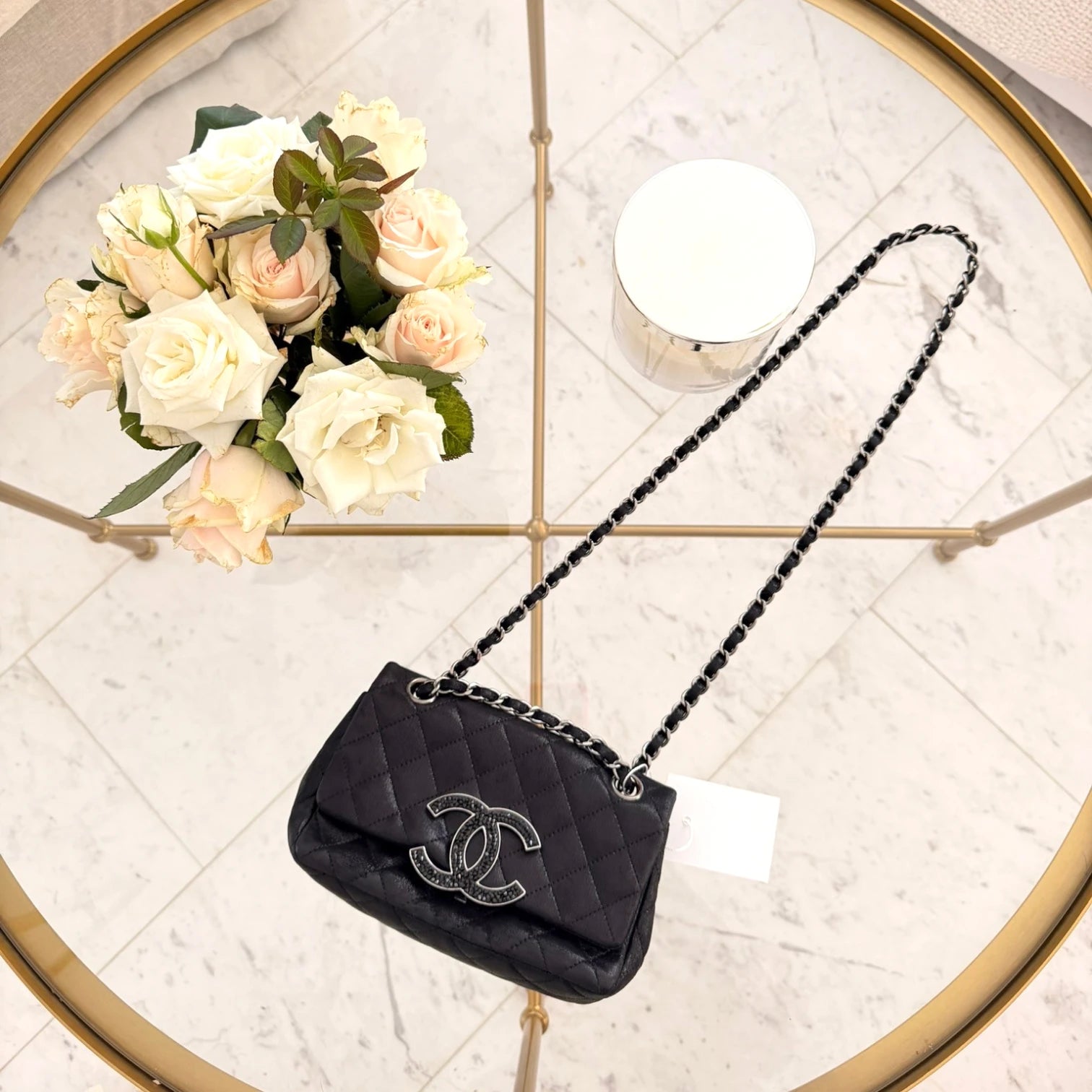 Length of the strap of CC Chanel iridescent caviar crystal CC Wallet On Chain crossbody, silver hardware available in Cyprus at HOUSE of MICY