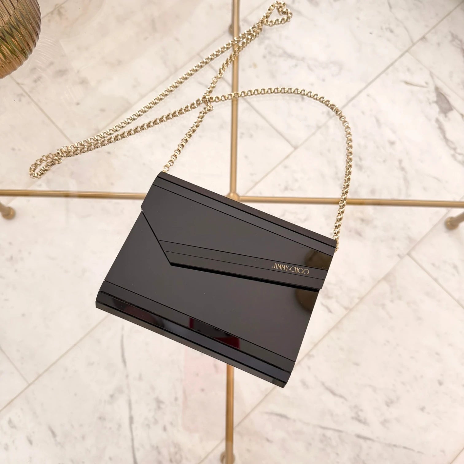 Jimmy Choo Candy clutch bag, clear black PVC with chain strap available in Cyprus at HOUSE of MICY