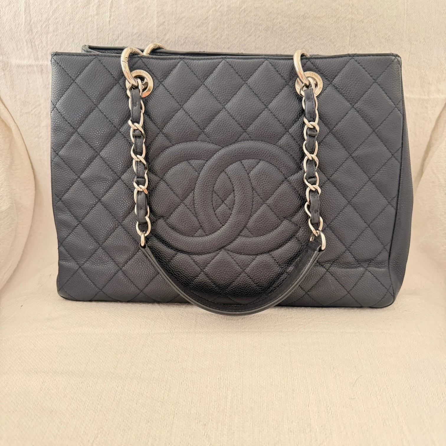 Chanel Caviar Grand Shopping Tote bag, blue caviar leather, with  chain handles, silver hardware available in Cyprus at HOUSE of MICY