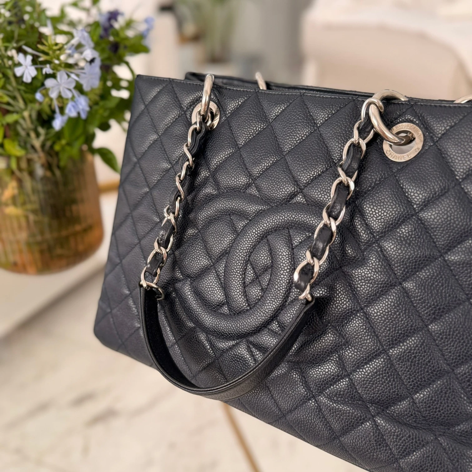 Chanel Caviar Grand Shopping Tote bag, blue caviar leather, silver hardware available in Cyprus at HOUSE of MICY