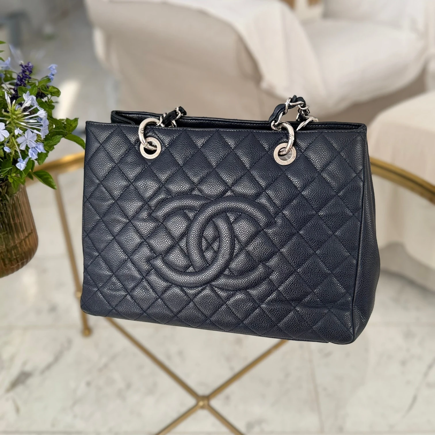 Chanel Caviar Grand Shopping Tote bag, blue caviar leather, silver hardware available in Cyprus at HOUSE of MICY