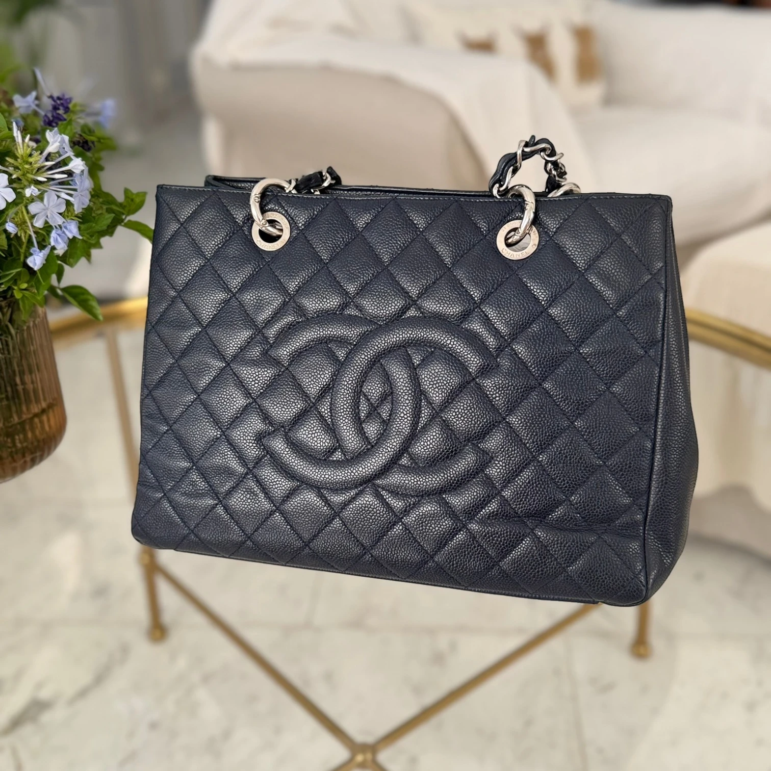 Chanel Caviar Grand Shopping Tote CC bag, blue caviar leather, with chain handles, silver hardware available in Cyprus at HOUSE of MICY