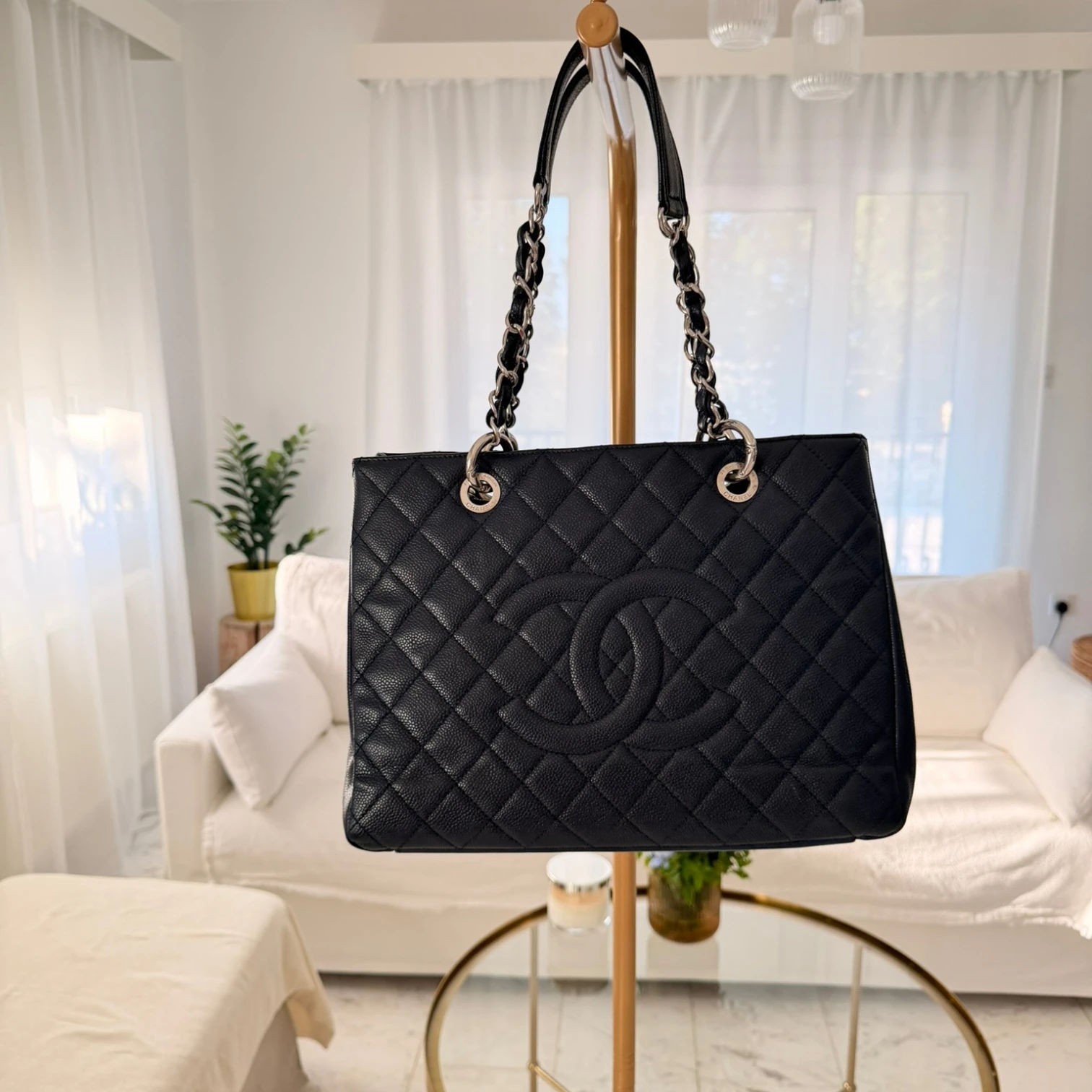 Chanel Caviar Grand Shopping Tote bag, blue caviar leather, with chain handles, silver hardware available in Cyprus at HOUSE of MICY
