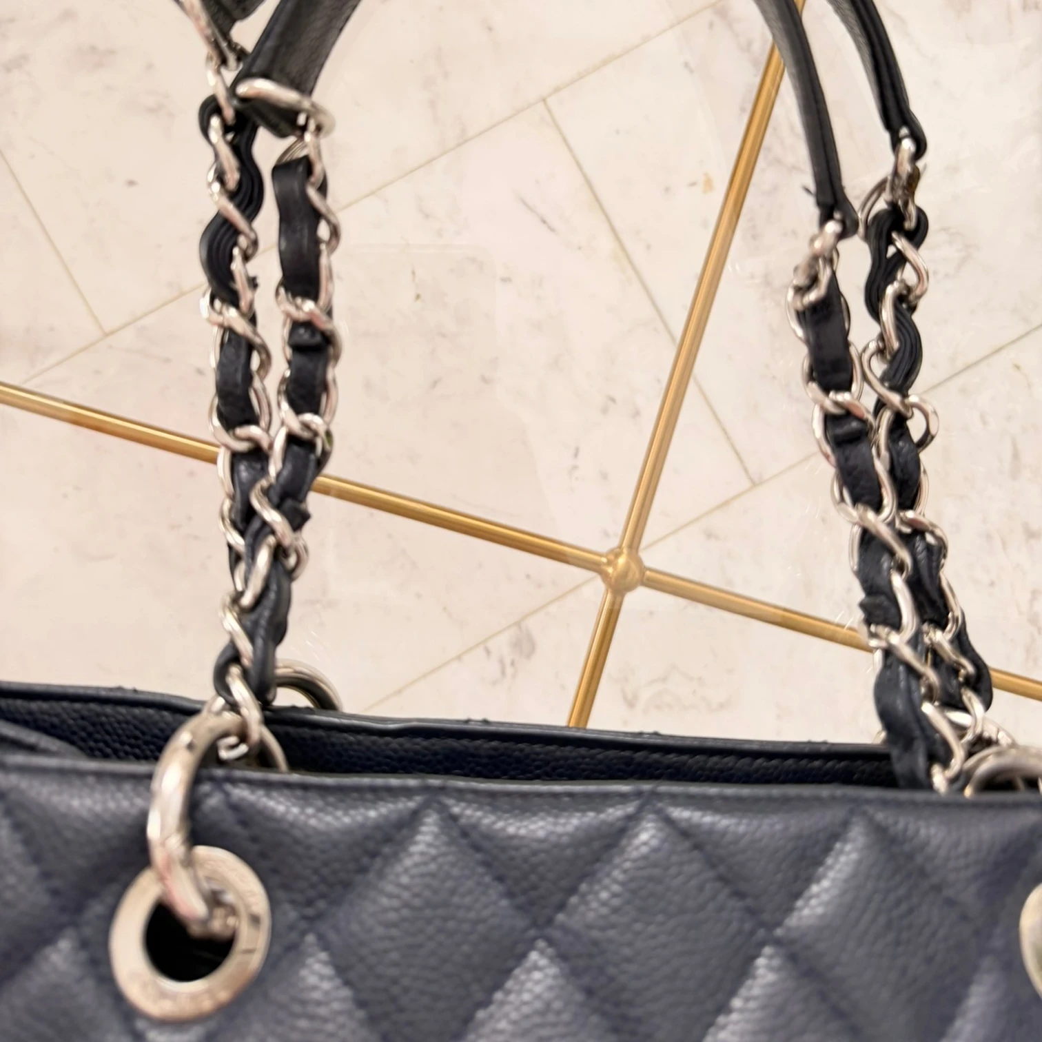Chanel Caviar Grand Shopping Tote bag, blue caviar leather, with chain handles, silver hardware available in Cyprus at HOUSE of MICY