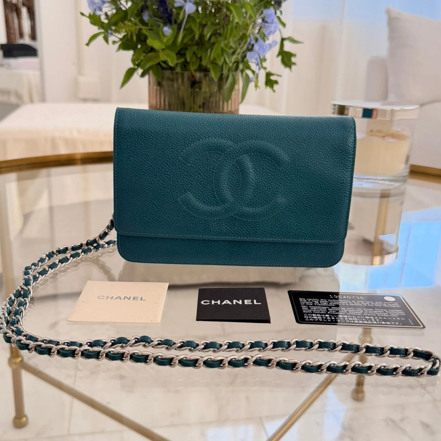 Chanel CC Caviar Wallet On Chain WOC crossbody bag, turquoise caviar leather with an authenticity certificate available in Cyprus 