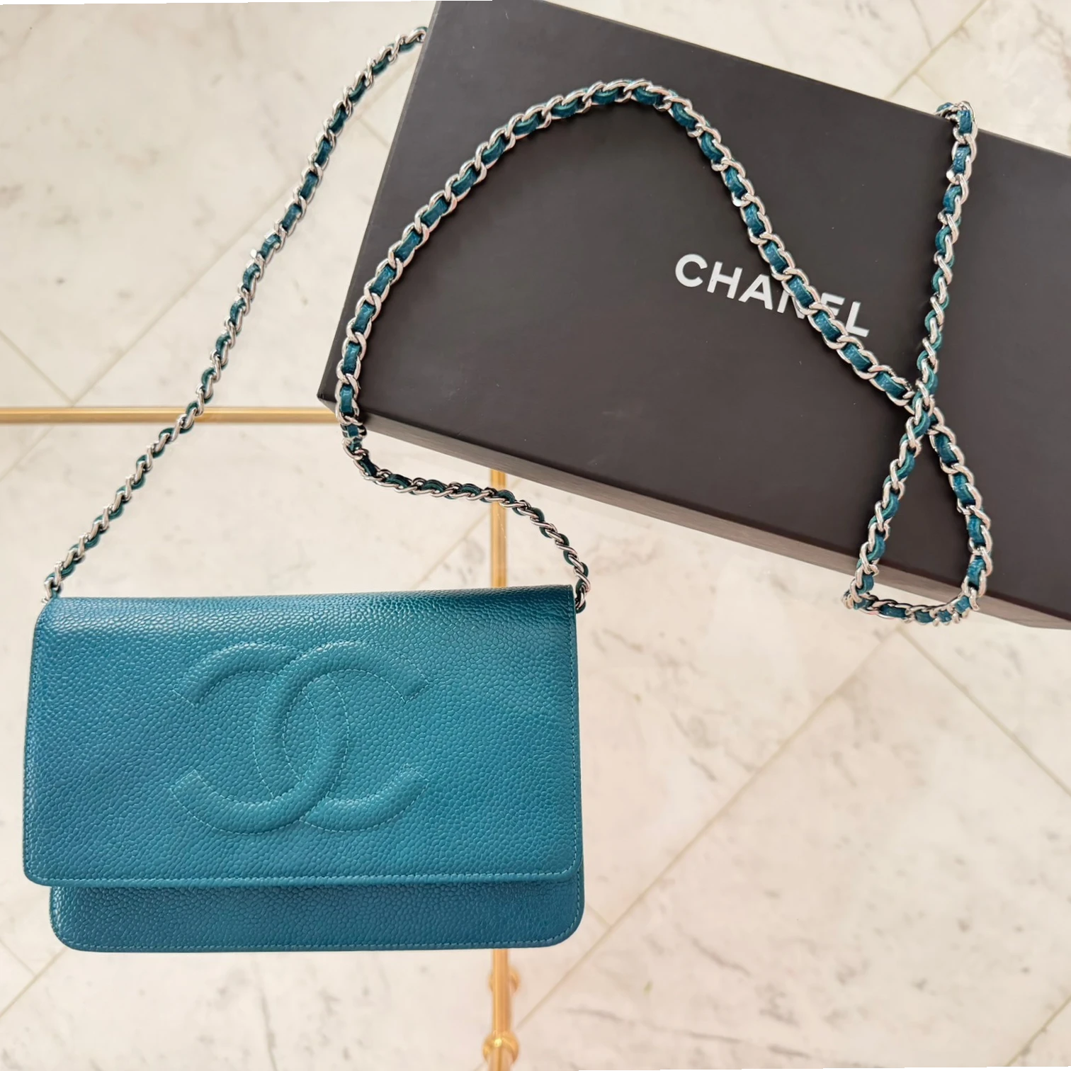 Chanel CC Caviar Wallet On Chain WOC crossbody bag, turquoise caviar leather with an original box  available in Cyprus 