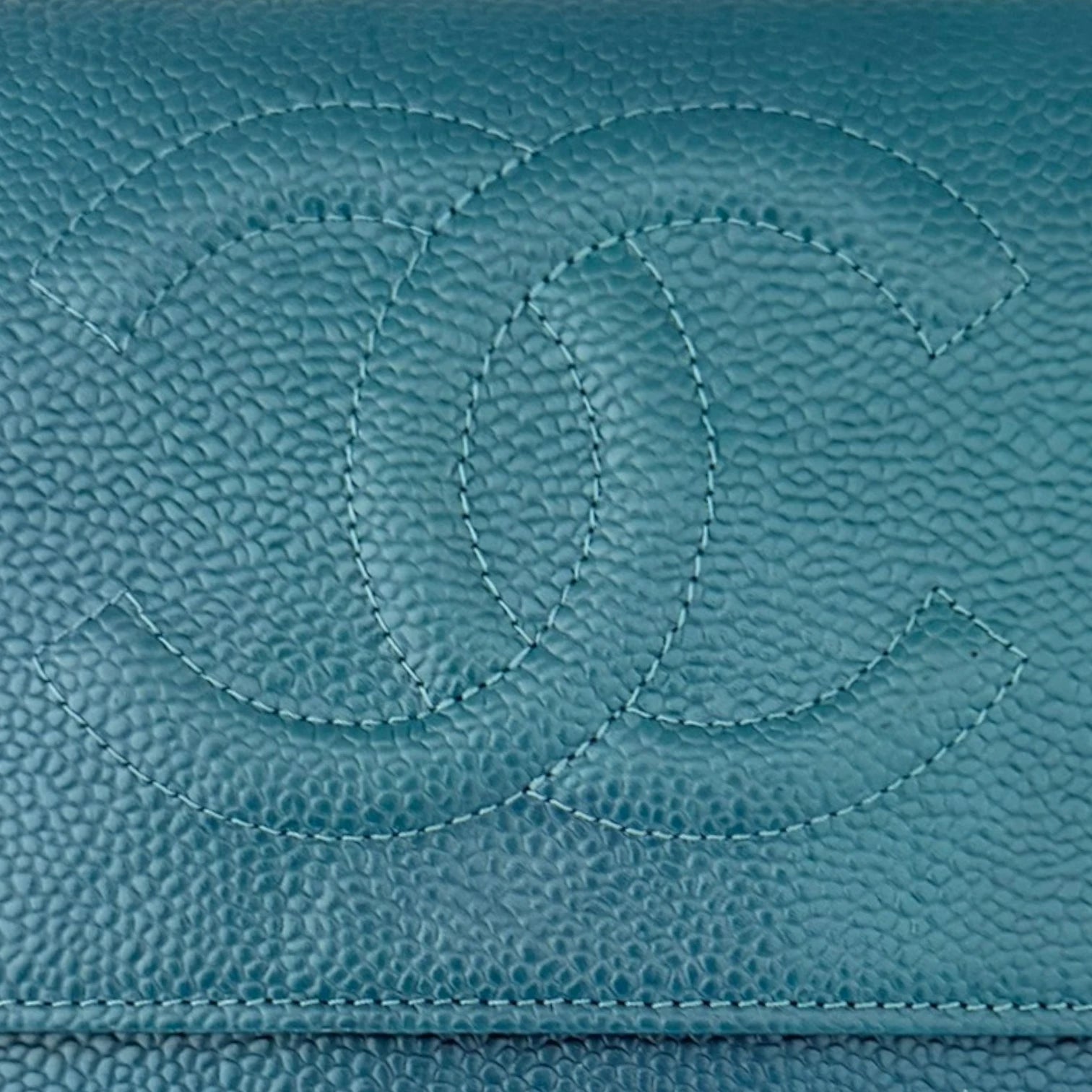 Detailed Chanel CC Caviar Wallet On Chain WOC crossbody bag, turquoise caviar leather available in Cyprus 