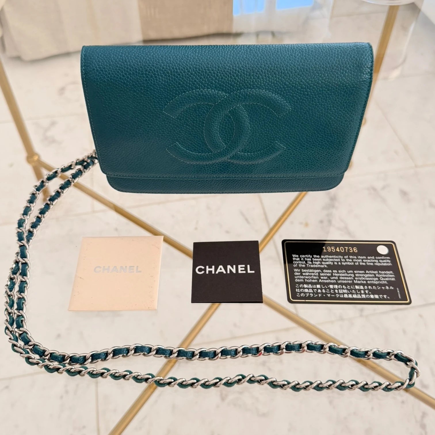 Chanel CC Caviar Wallet On Chain WOC crossbody bag, turquoise caviar leather with an authenticity certificate available in Cyprus 