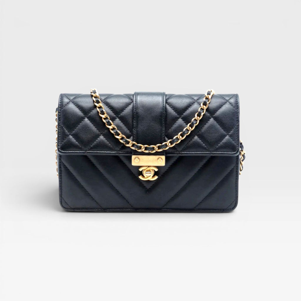 Chanel Quilt Golden Class Wallet On Chain crossbody bag, gold hardware available in Cyprus.