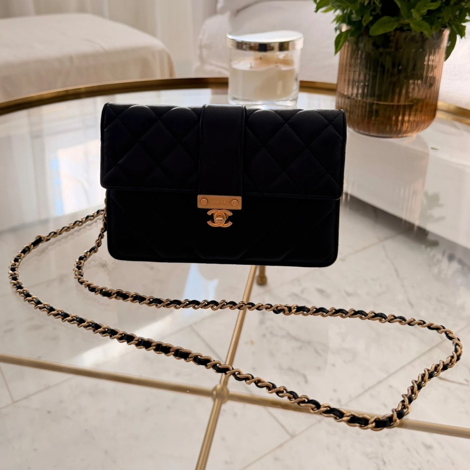 Chanel Quilt Golden Class Wallet On Chain crossbody bag, gold hardware available in Cyprus.