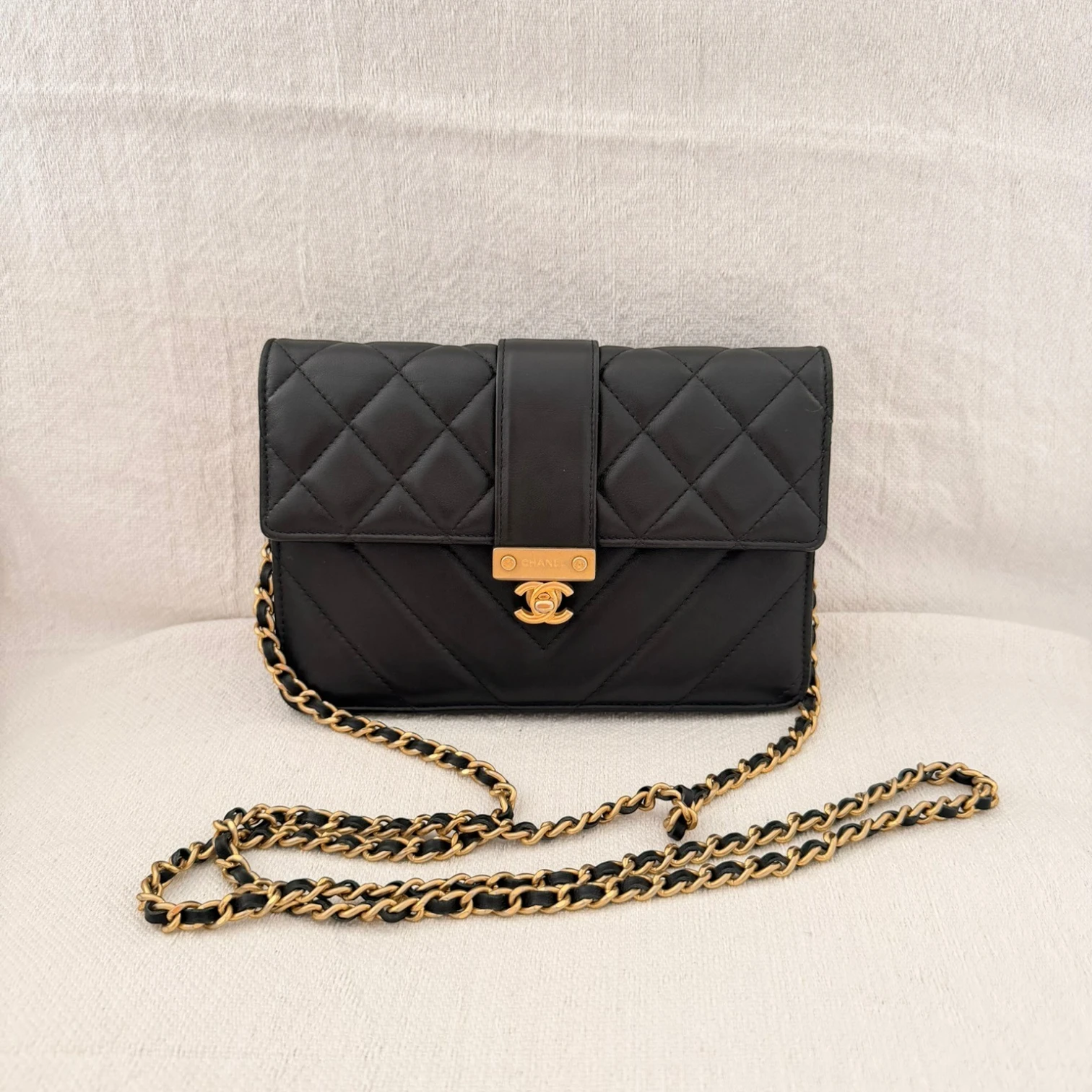 Chanel Quilt Golden Class Wallet On Chain crossbody bag, gold hardware available in Cyprus.