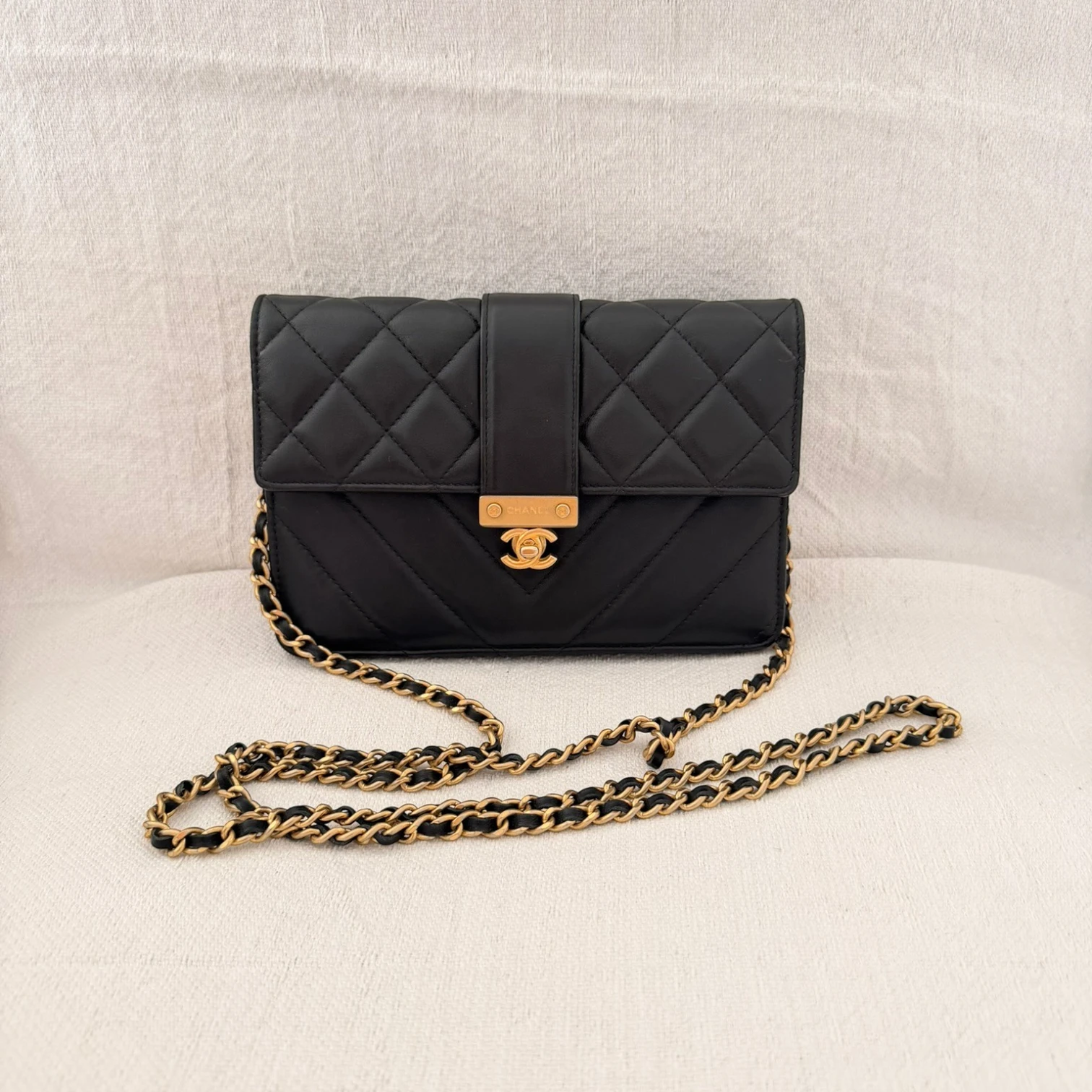 Chanel Quilt Golden Class Wallet On Chain crossbody bag, gold hardware available in Cyprus.