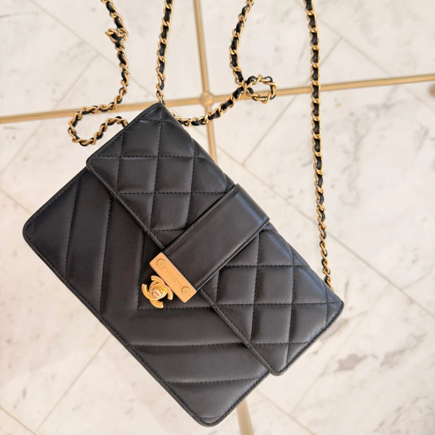 Chanel Quilt Golden Class Wallet On Chain crossbody bag, gold hardware available in Cyprus.