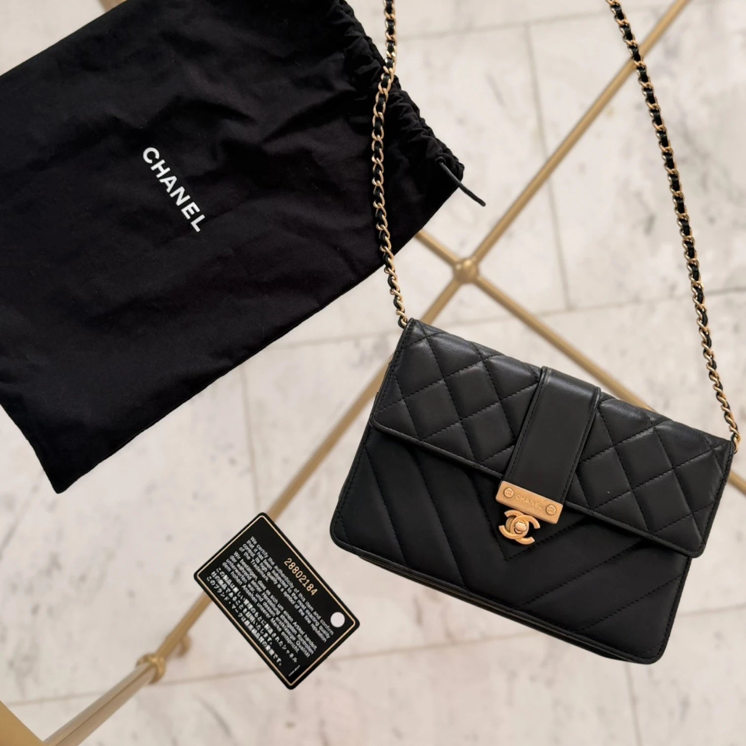 Chanel Quilt Golden Class Wallet On Chain crossbody bag, gold hardware with certificate and dust bag available in Cyprus.