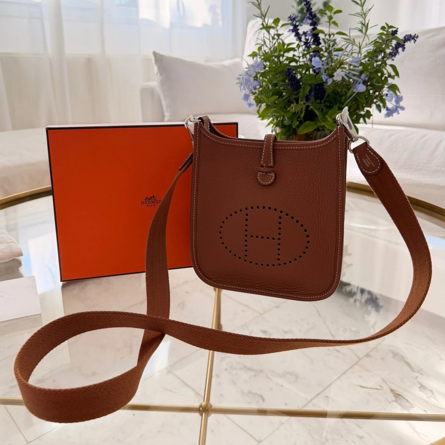 Hermès 2024 Evelyne 16 crossbody bag in Clemence leather, perforated H logo, with a crossbody strap and original box, available in Cyprus at HOUSE of MICY